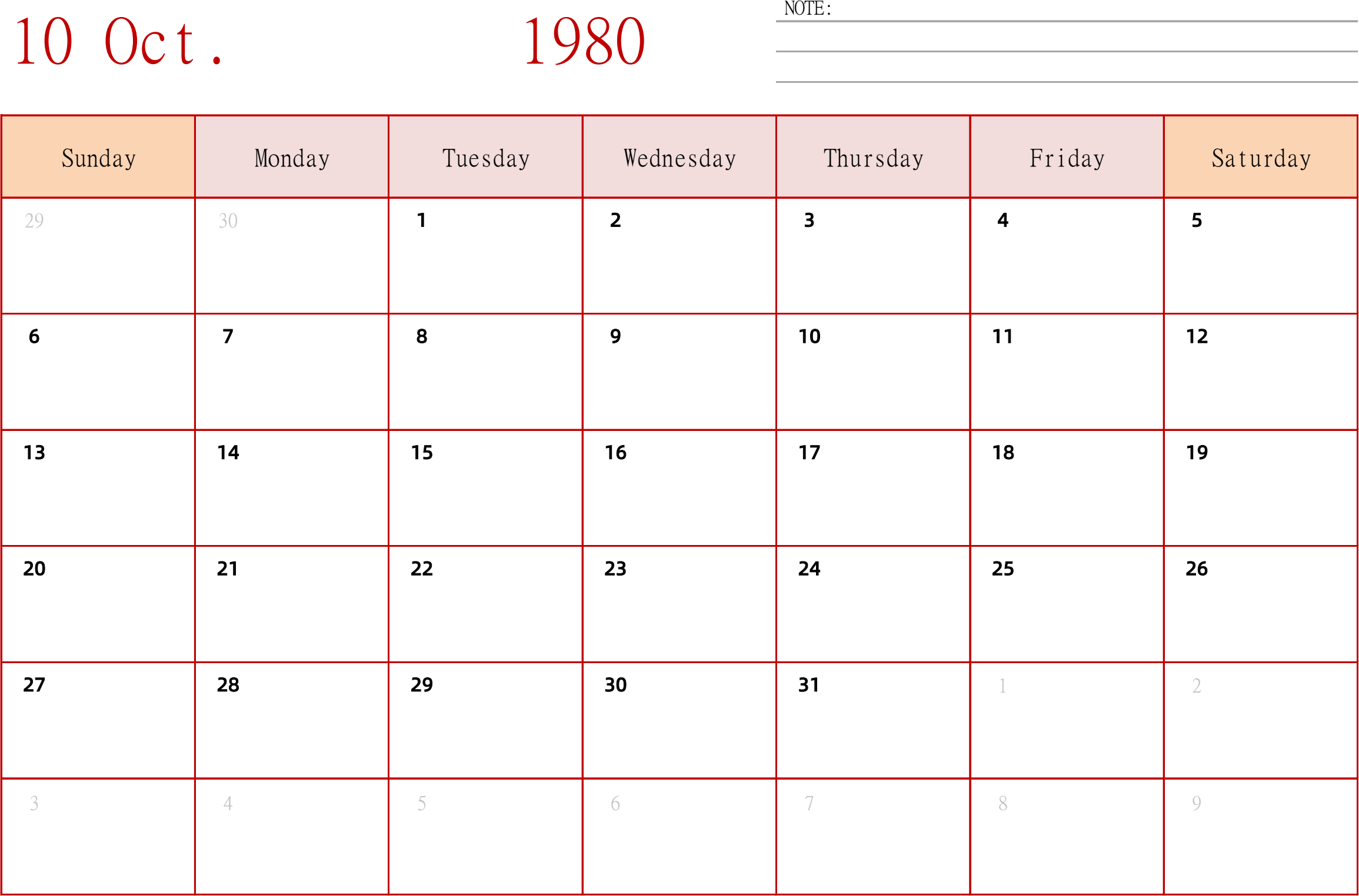 日历表1980年日历 英文版 横向排版 周日开始